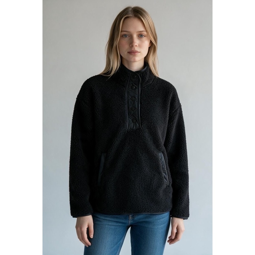 ATHLETA Cozy Sherpa Snap Sweatshirt  M Medium Black  NEW